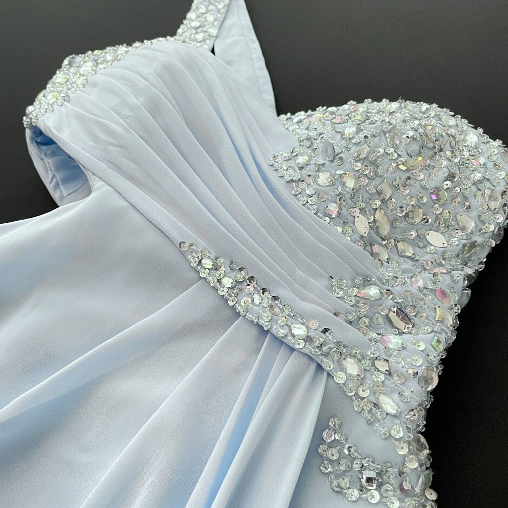 ~ Prom Gown Sz 6 Glam 1-Shoulder Chiffon Sexy Sequin Crystal Split Blue Cut-Out