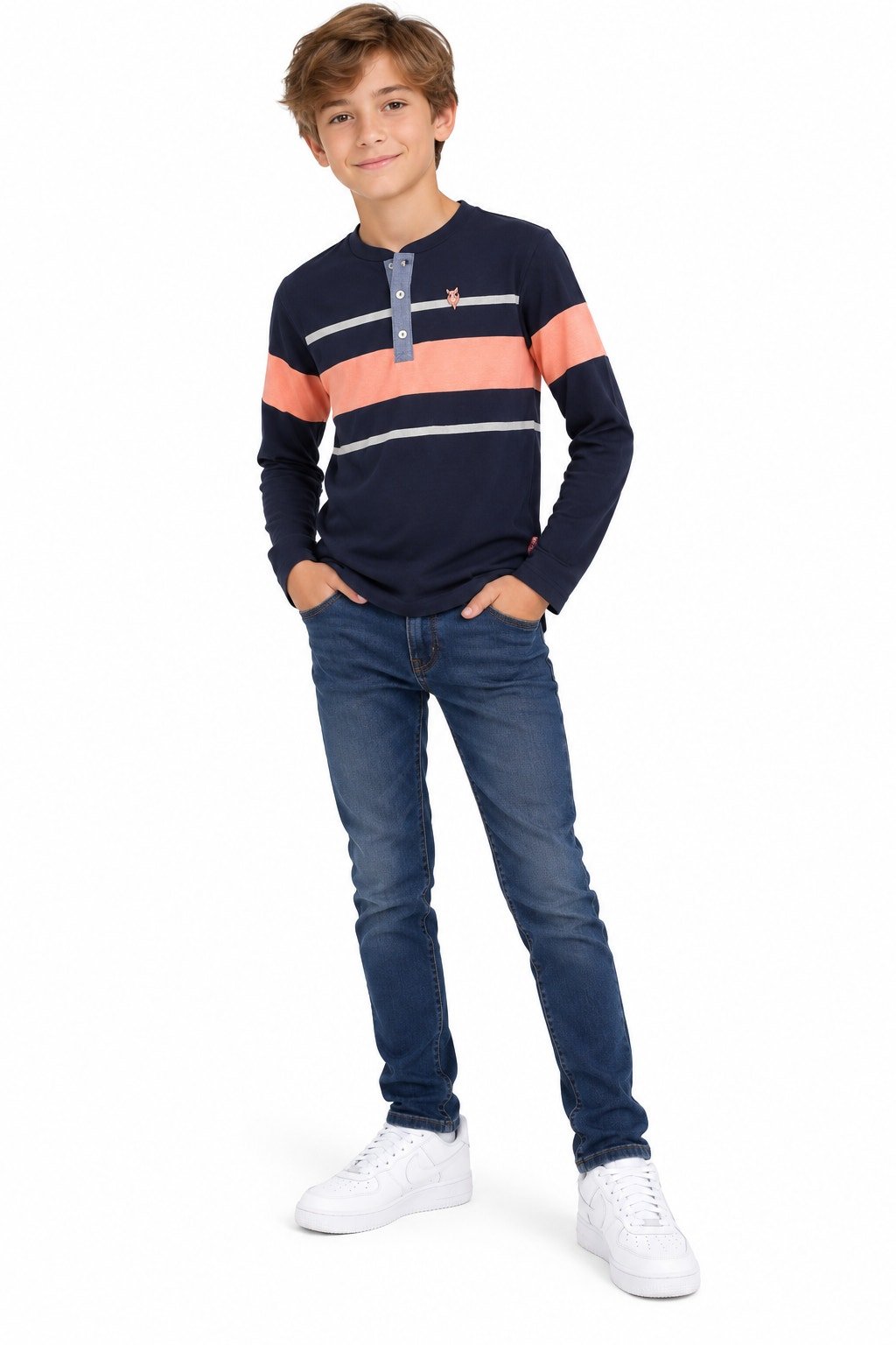 English Laundry Boys Long Sleeve Henley Shirt Size 12 Navy Peach Striped Euc
