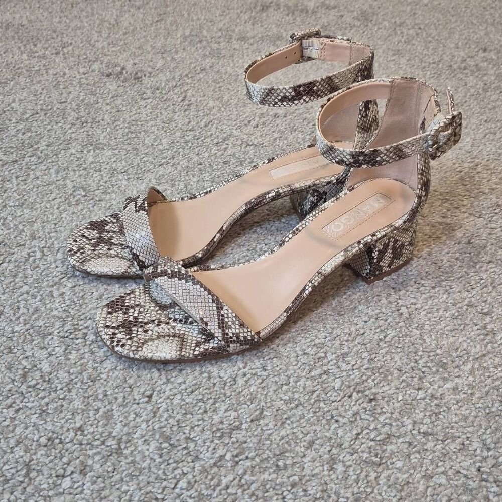 Mango Snake Skin Block Heel Sandals Shoes Size 9.5