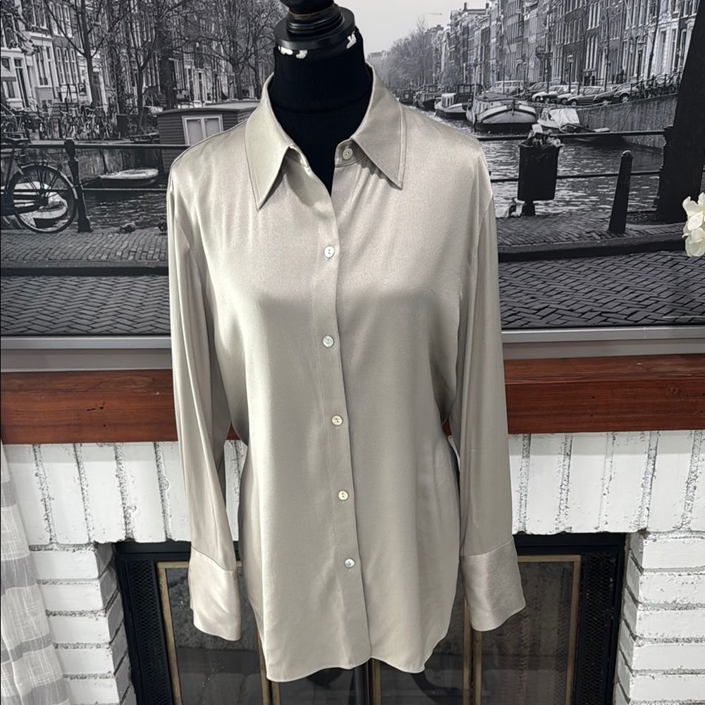 Vince Women's Button-Up Blouse Relaxed Long Sleeve Tie Back Peyote Silver Large