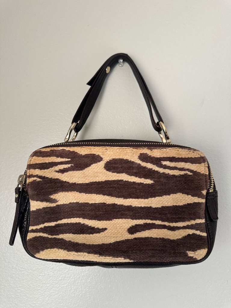 Kate Spade Animal Print Fabric Brown Pebbled Leather Gold Preppy Chic O/S