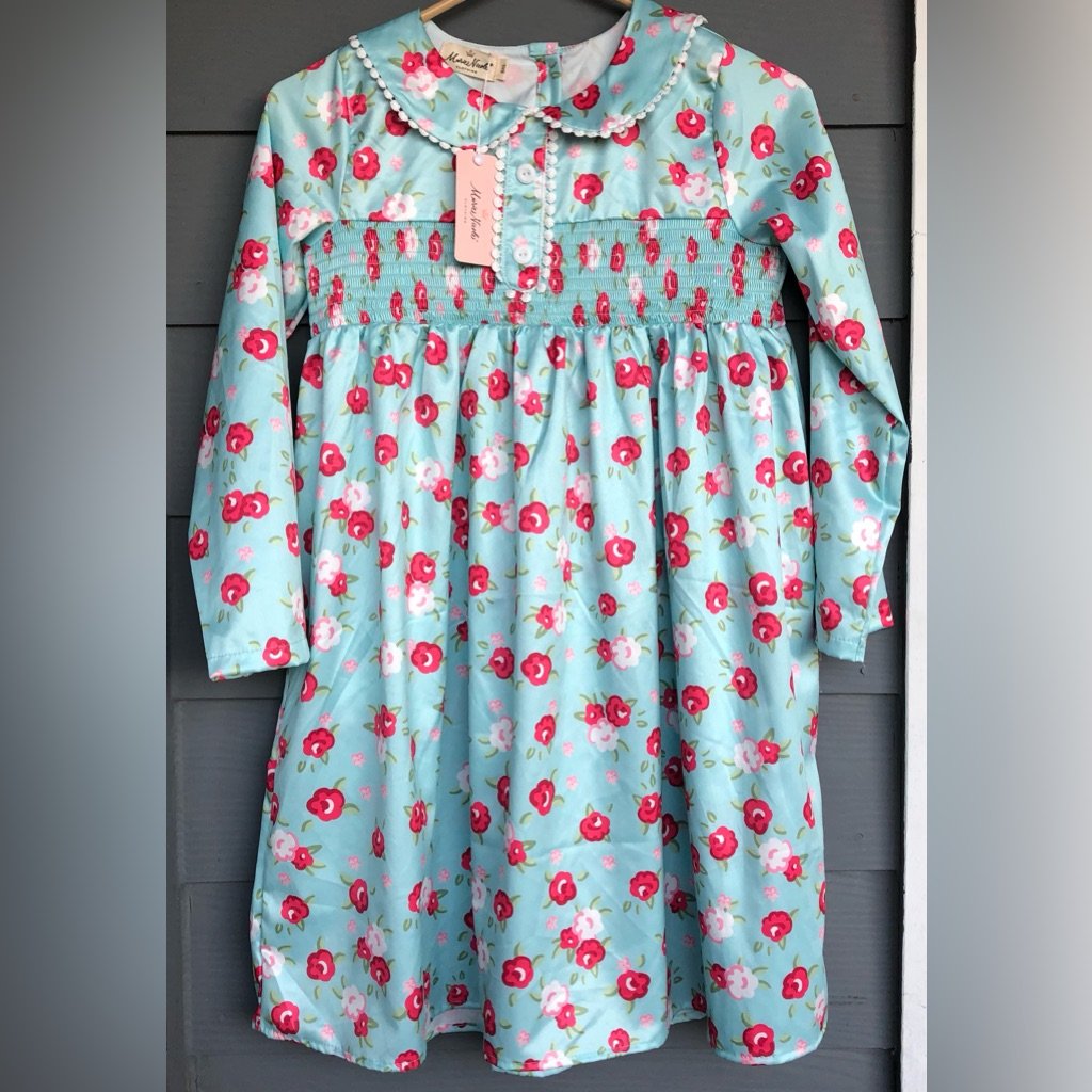 Marie Nicole Clothing Floral Dress Blue Red Flowers Print.