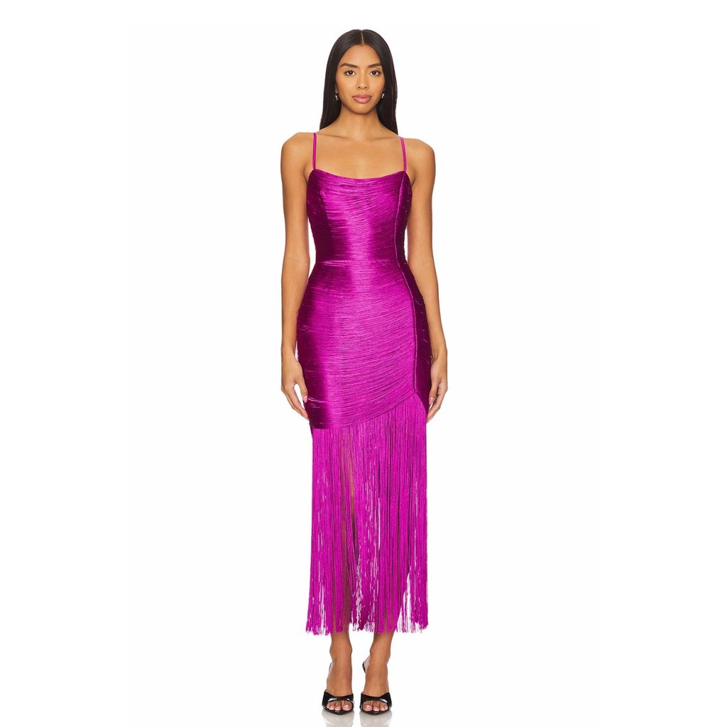 Saylor Magenta Fringe Satin Maxi Dress