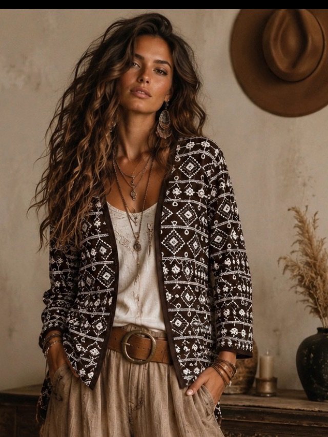 Chico's Brown And White Geometric Open Cardigan Medium