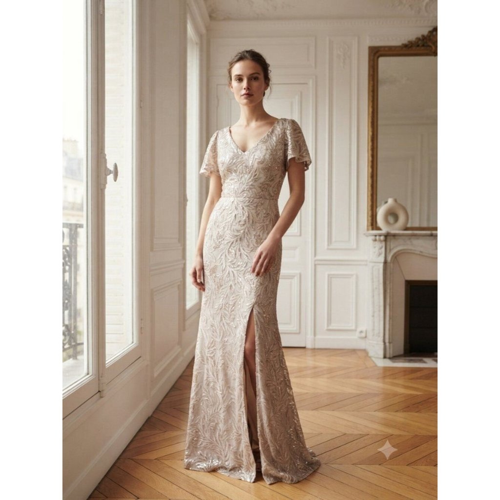 Nwt Alex Evenings Taupe V-Neck Sequined Evening Gown Size 4