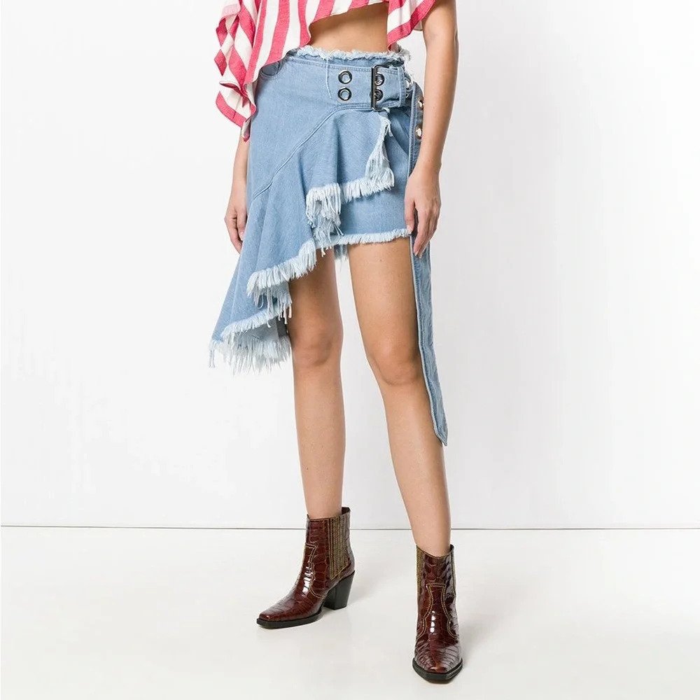 Marques ' Almeida Wrap Buckle Frill Denim Skirt