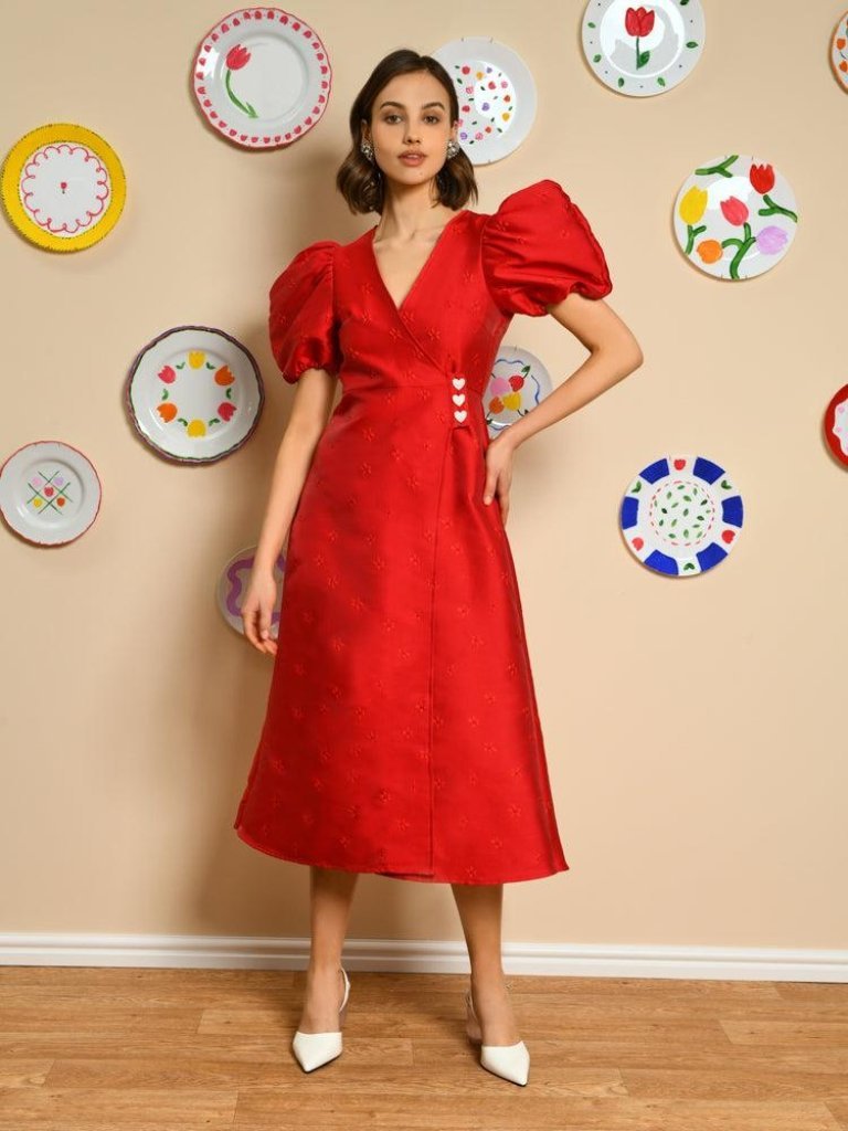 Sister Jane Retro Style Red Cherry Petals Puff Sleeve Wrap Midi Dress Size M