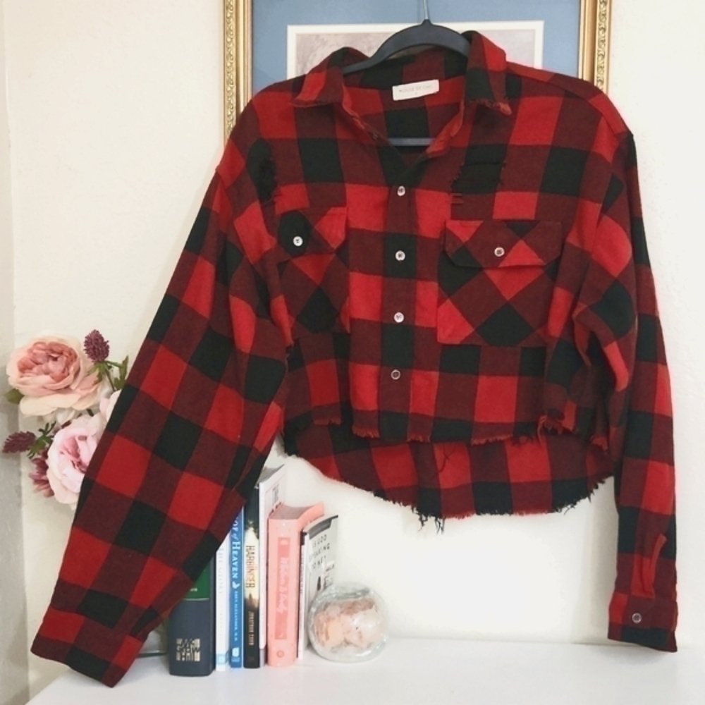House Of Chic Crop Shacket Retro Rockabilly Gingham Distressed Goth Flannel