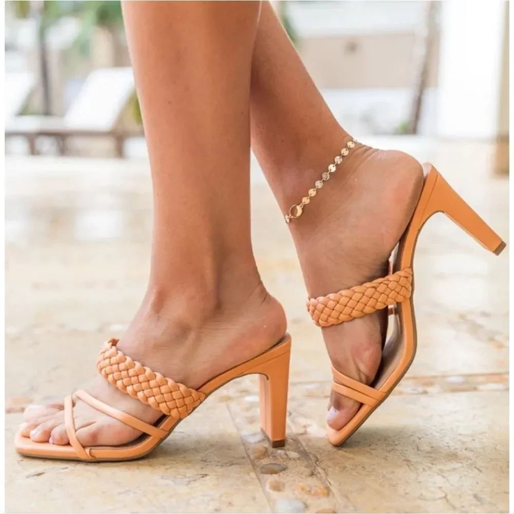 New Women's Braided Heeled Mules Square Toe Block Heel Sandals Carmen By