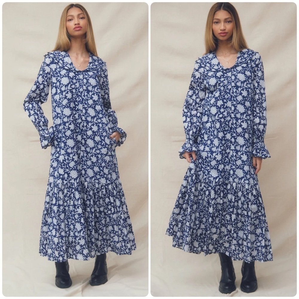 New! Ophelia & Indigo Navy Floral Tilly Maxi Dress Xs Nwt!
