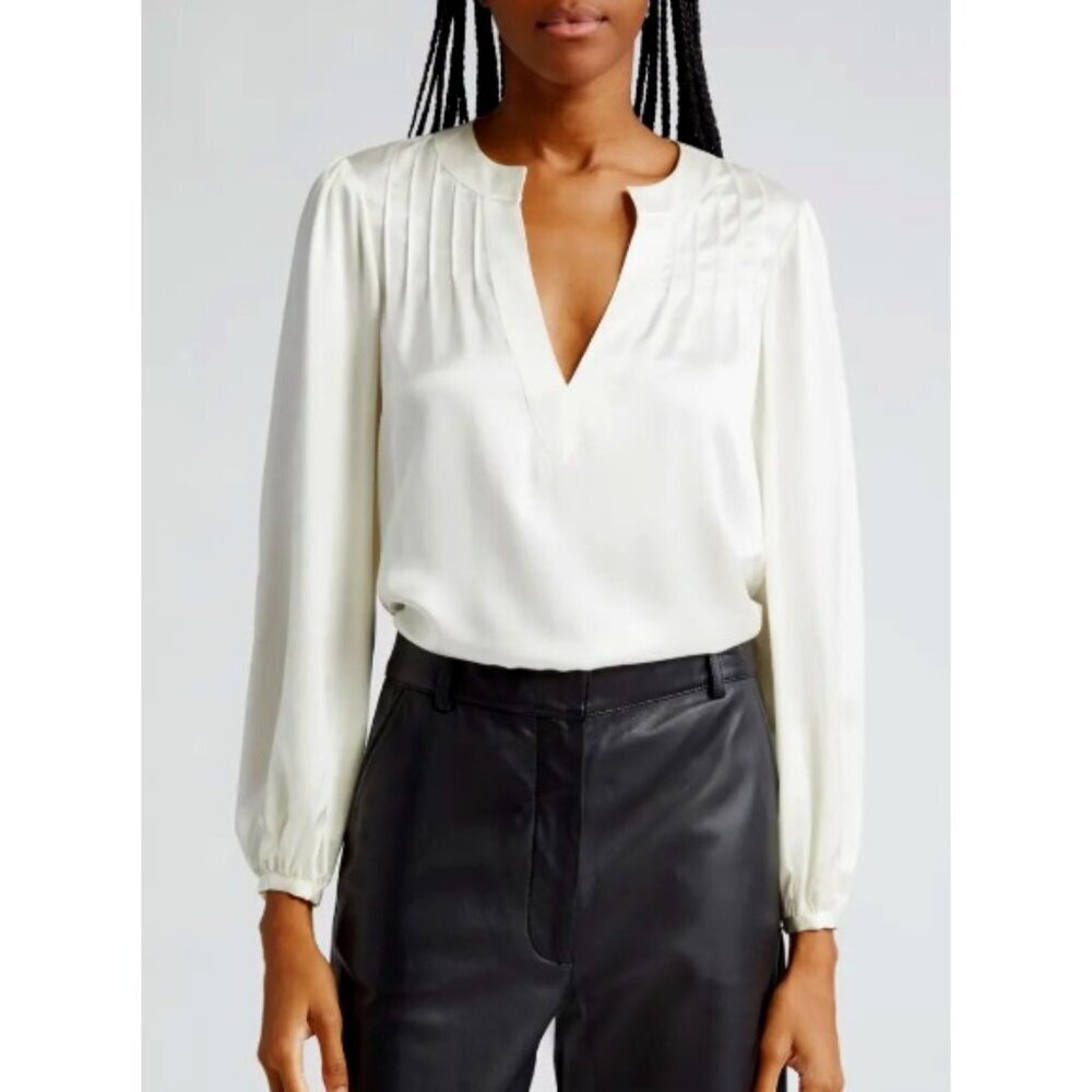 Cinq Sept 'Rita' Long-Sleeve Pintuck Silk Blouse Top, Ivory