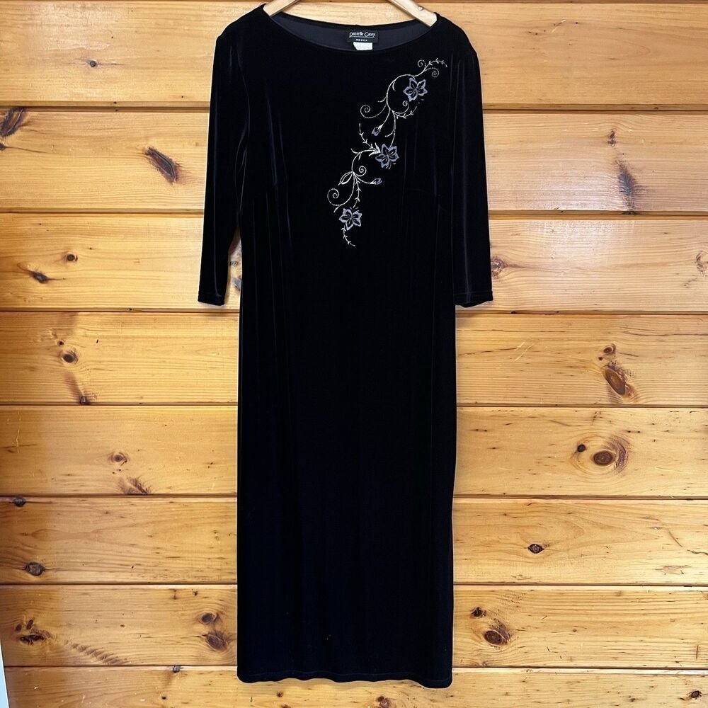 Vtg Danielle Casey Velvet Long Sleeve Black Midi Dress Stretch Embroidery 16