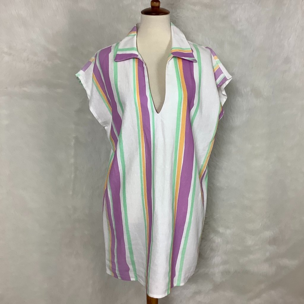 Laagam White, Yellow, Green, Purple Stripe Agosto Linen Blend Dress Nwt Flawed L