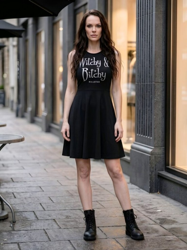 Killstar Witchy Bitchy Skater Dress Black Button Back Jersey Graphic Sz M Nwt