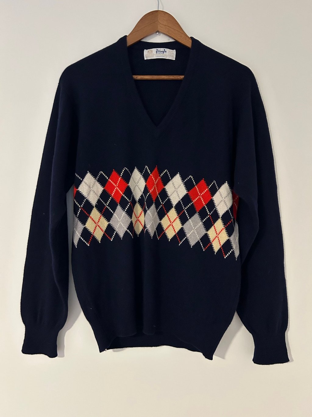 Vtg Pringle Of Scotland Intarsia Argyle Diamond Print Sweater 100% Cashmere Euc