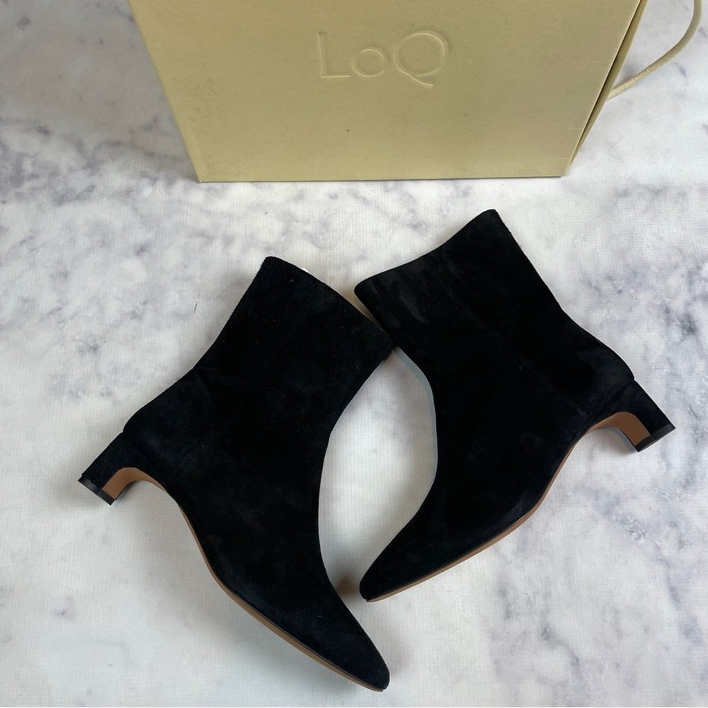 Loq Silvia Black Suede Kitten Heel Boots Modern Minimalist Nwb Sz 39/ 8.5