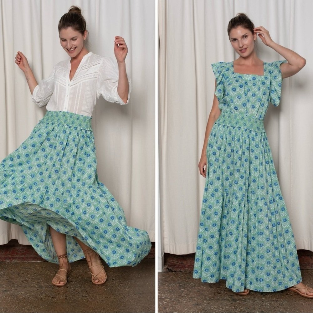 New! Ophelia & Indigo Sylvie Skirt In Green And Blue Azalea Print Small Nwt!