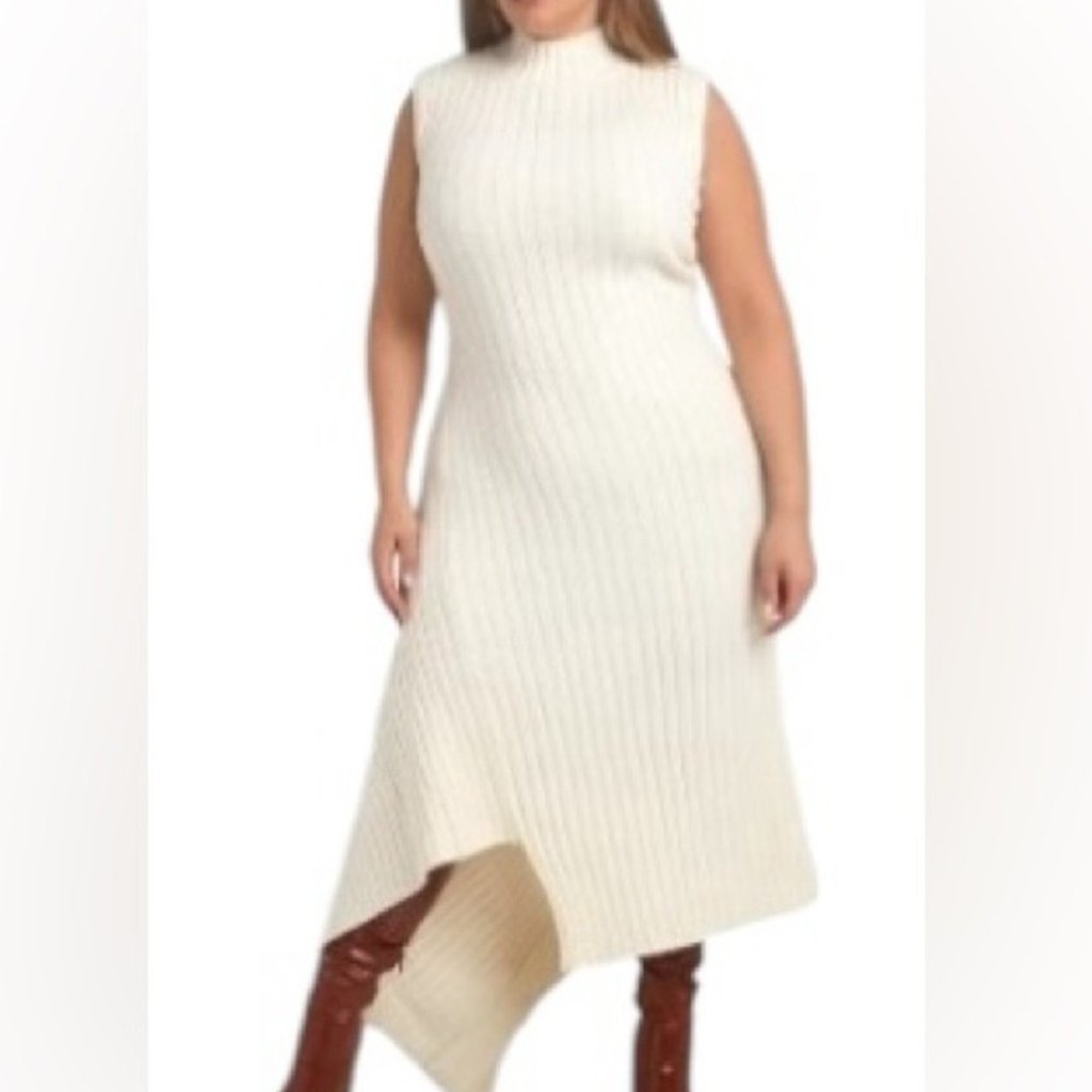 Rebdolls Beige Josephine Knit Asymmetrical Hem Midi A Line Dress Nwt Size Large