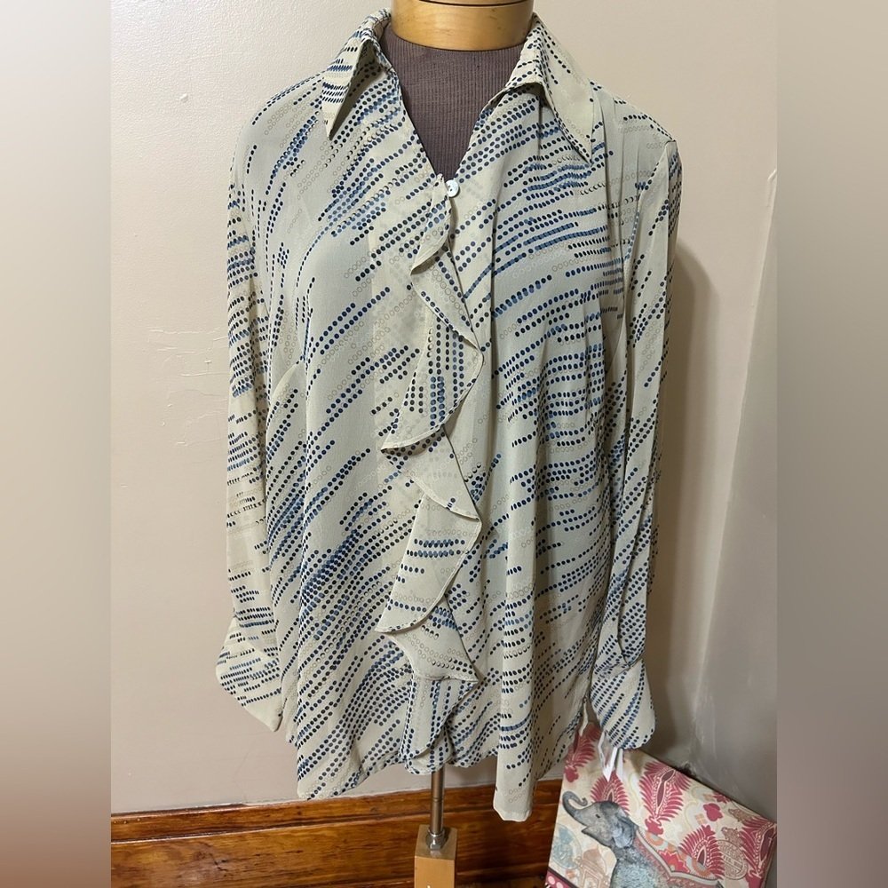 Sheer Office Career Wear Button Down With A Ruffle Front Detain Blouse Size 18