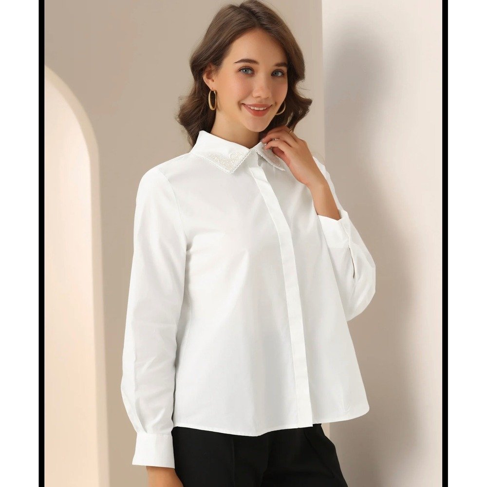 Women's Allegra K Embroidered Collar Button-Down Shirt White Size Small