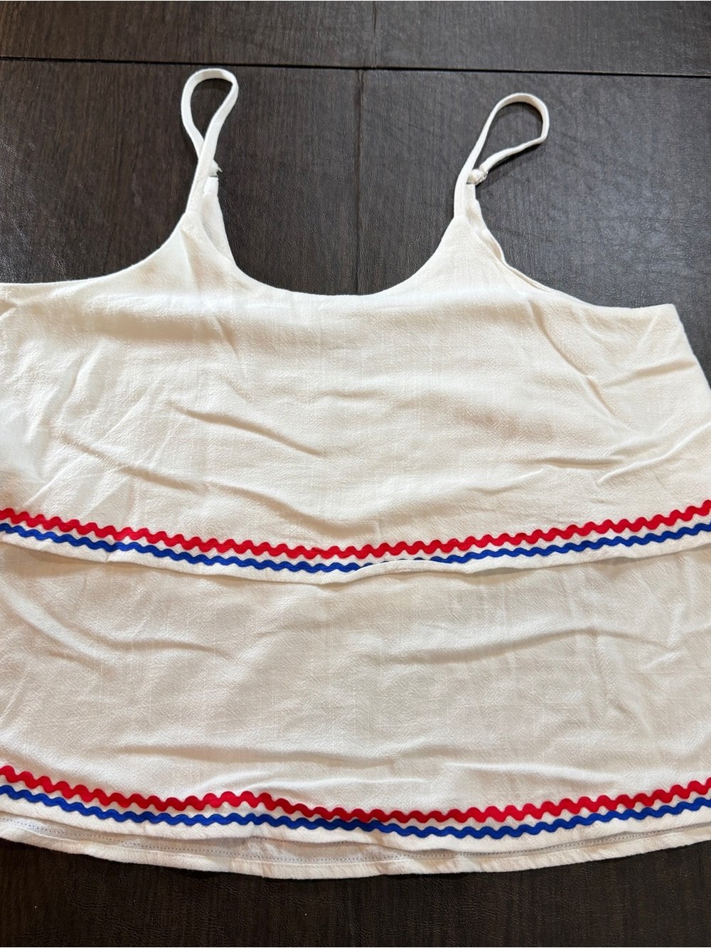 Vintage Charm White Spaghetti Strap Camisole With Red & Blue Wavy Trim Sz L