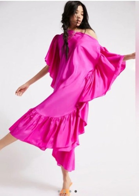 Kes New York The Bloom Dress Silk Neon Pink Ruffle Mid Dress Xs
