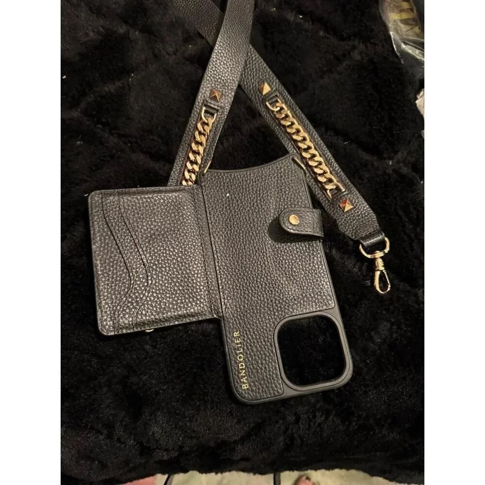 Bandolier Stevie Thick Curb Chain Leather Strap & Studded Magsafe 15pro Max Case