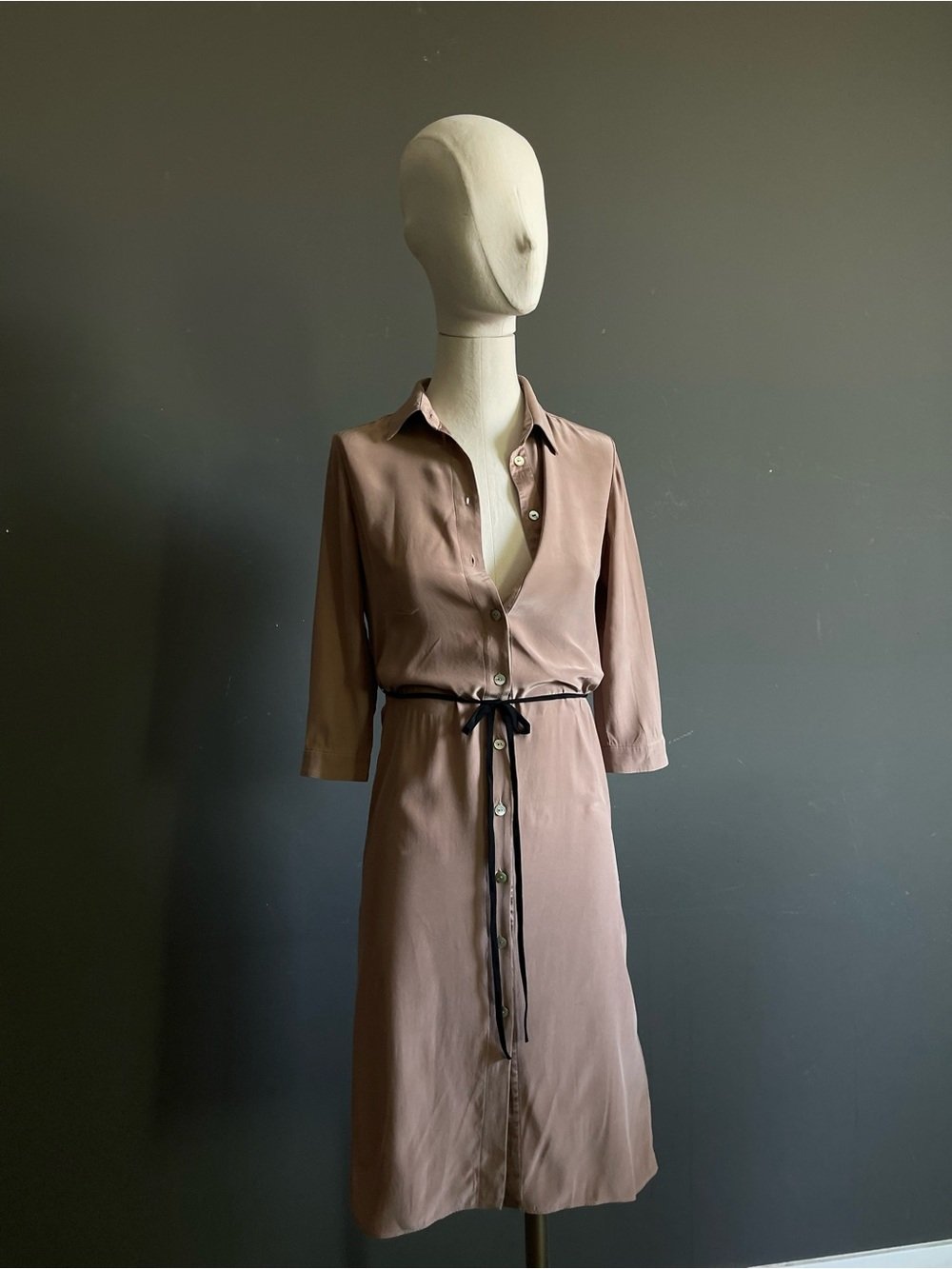 Lan Jaenicke Blush Mauve 100% Silk Button Front Midi Shirt Dress Belt Size 1 Usa