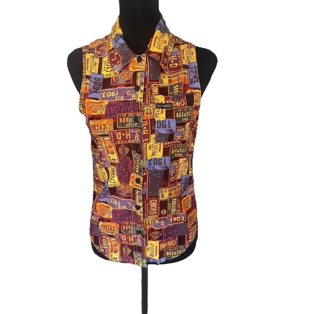 Harley Davidson License Plate Theme Sleeveless Button Women’s Shirt Size Small