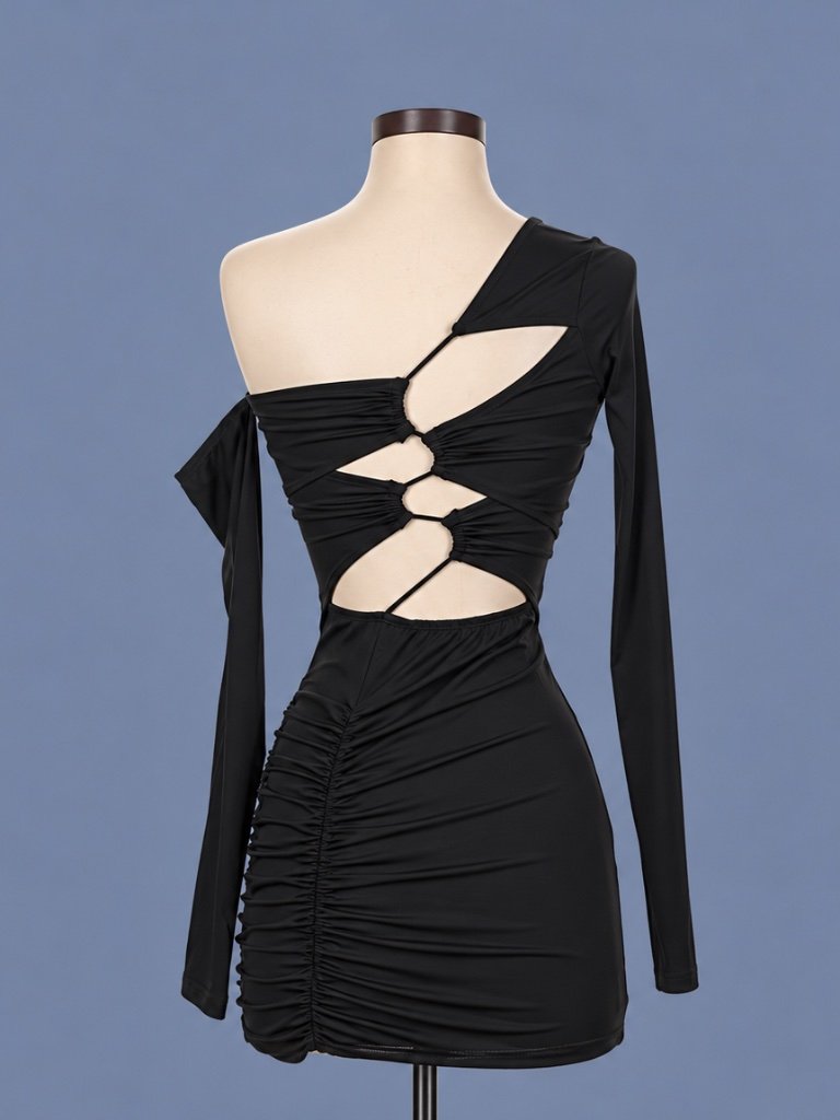 Solado Black Cutout Ruched One Shoulder Mini Dress Size Xs Nwt