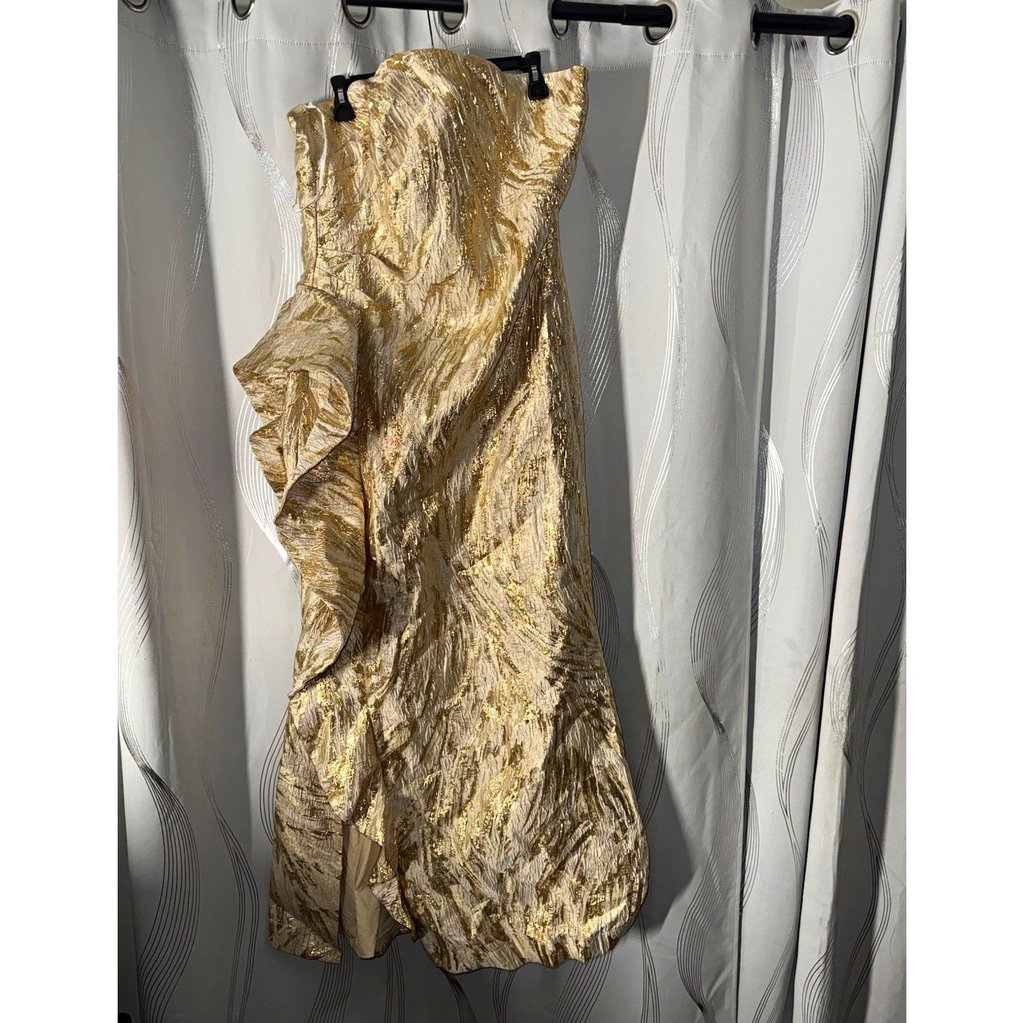 Donna Karan New York Gold Metallic Jacquard Cocktail Dress 14 Strapless Ruffle