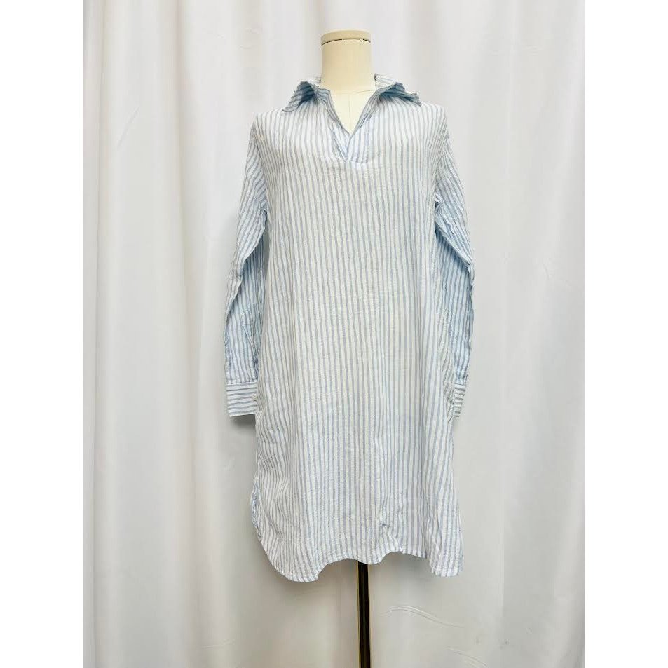 New! Pour Les Femmes Linen Shirt Dress Blue White Cotton Stripe Small
