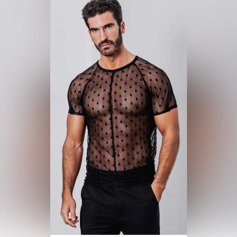 Sebastian Sheer Black Polka Dot Top. Men’s But Unisex Imo Size Medium Euc