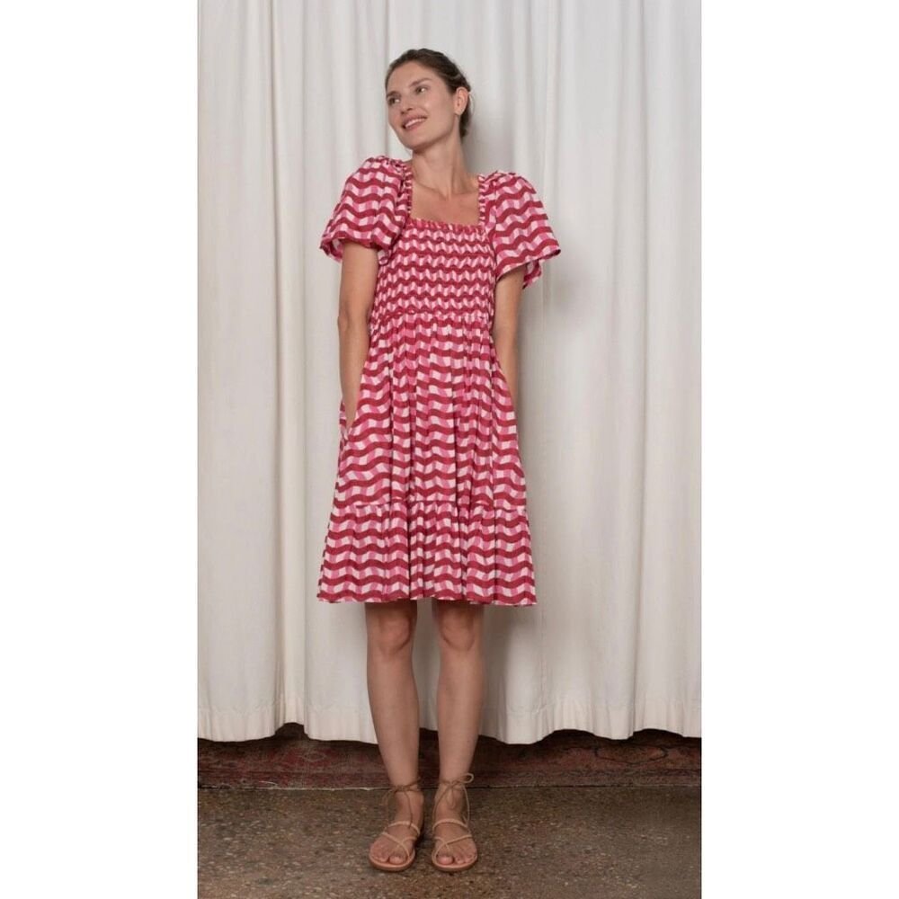 Nwt Ophelia & Indigo Delilah Pink Zigzag Smocked Tiered Cotton Mini Dress Xs