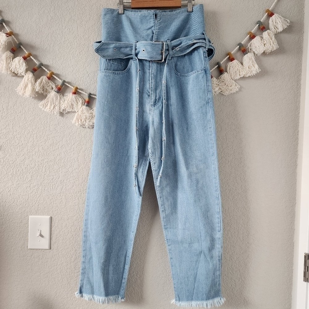 Marques Almeida Blue Denim Crossover Belted Buckle Jeans Designer Grunge Boho 6