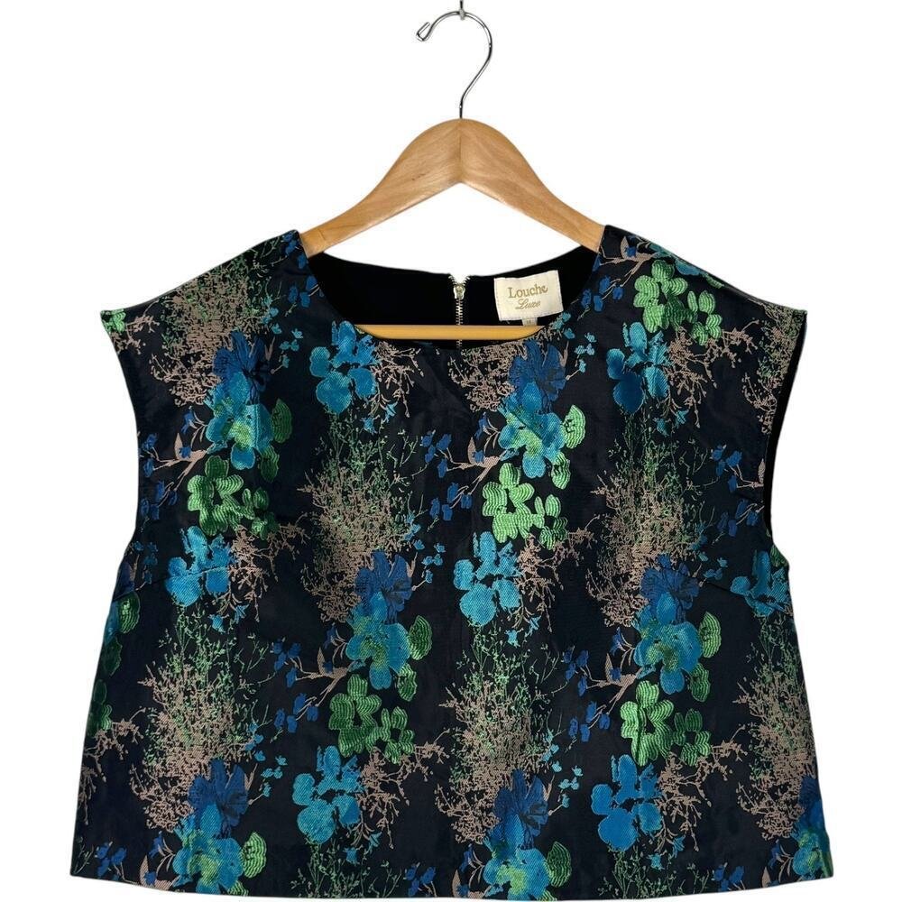 Louche Luxe Women’s 14 Black Green Gold Blue Floral Brocade Sleeveless Top New