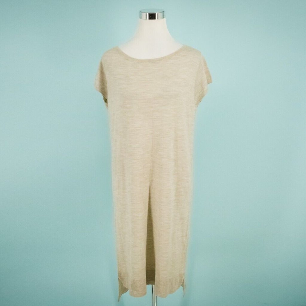 Organic By John Patrick Size Medium M Tan Beige Crew Scoop Neck Short Cap Sleeve