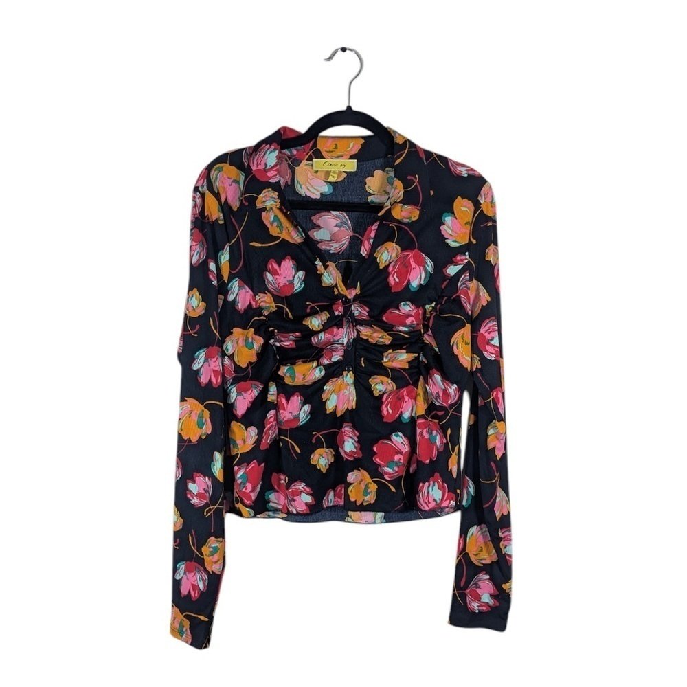 Circus Ny Bright Floral Ribbed Stretch Top Size Xl