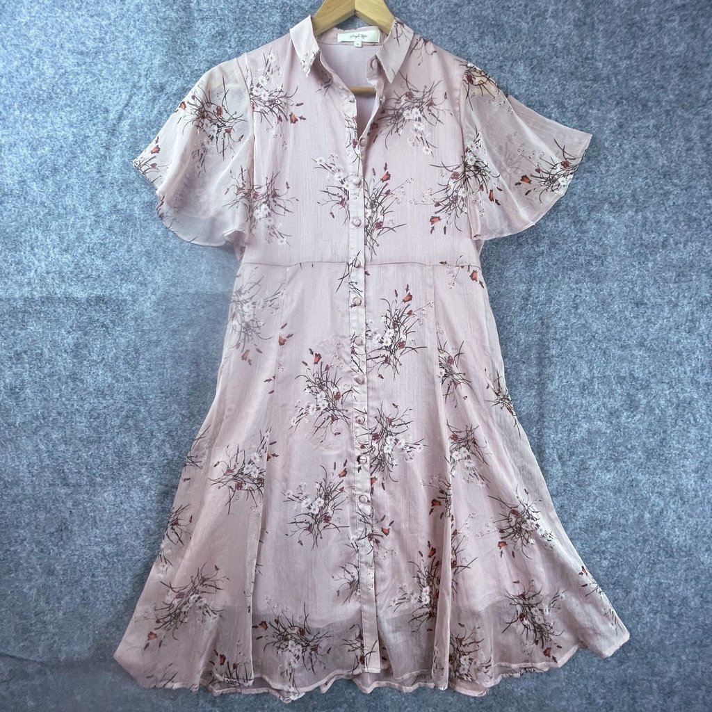 Simple Retro Dress Womens Xs Pink Sheer Button Front Country Romantic Feminine