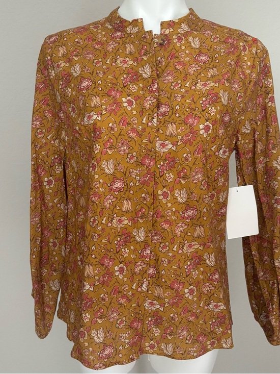 Parterre Bryce Marigold Daphne Button Down Floral Linen Blend Top Blouse