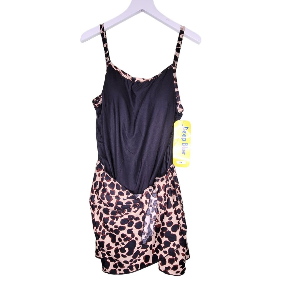 Animal Print Swimsuit Wrap Skirt One Piece Black Tan Vacation Coastal Beach 16