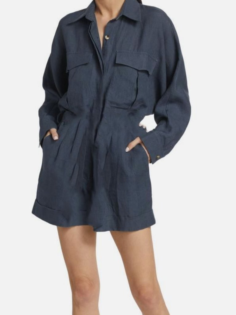 Piece Of White Women's Blue Soleil Shirtdress Linen Long Sleeve Jumpsuit Size S