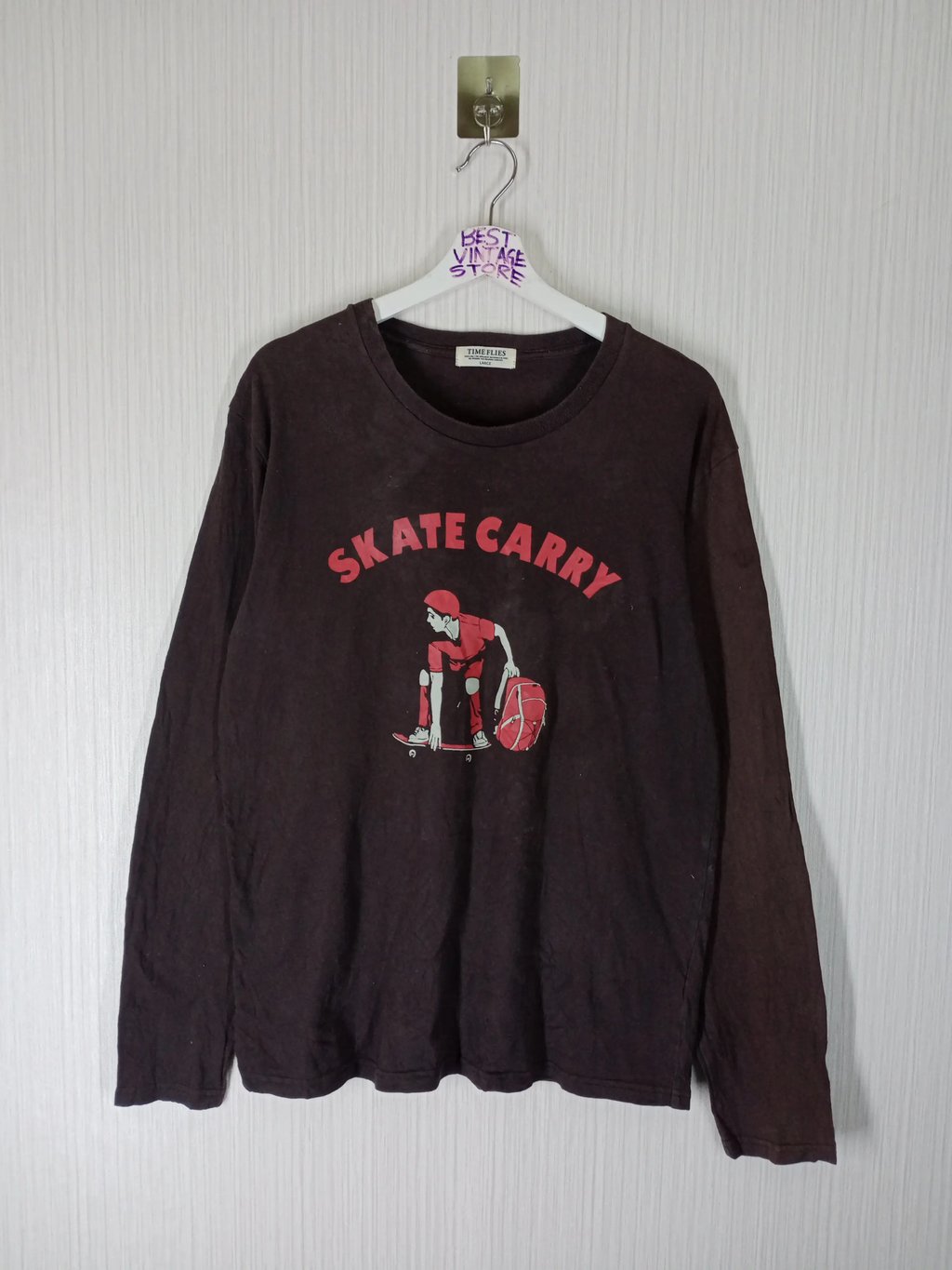 Vintage Skate Carry Long Sleeve Distressed Tshirt in Brown, Men's