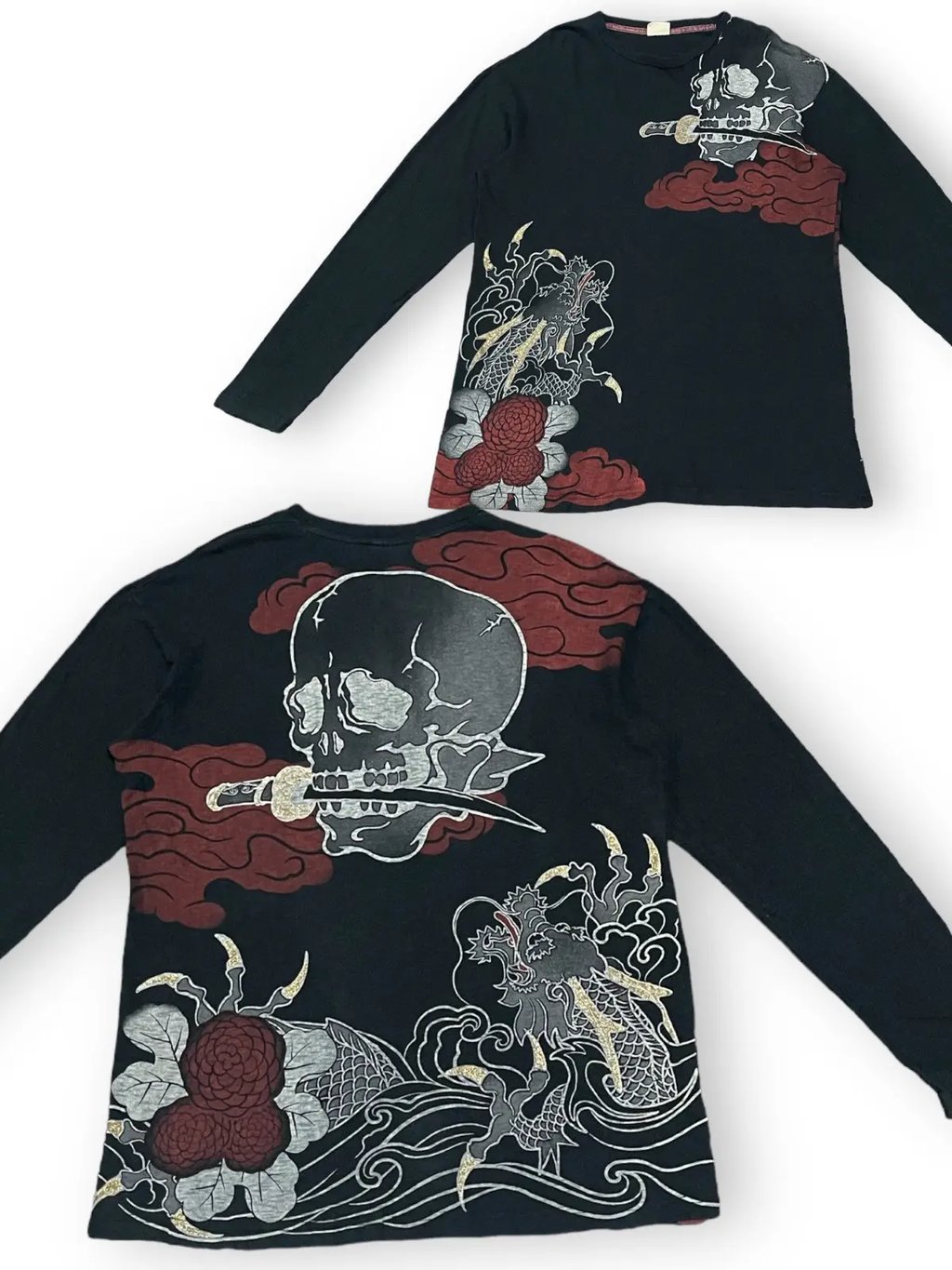 Vintage Japan Strange Heaven Overprint Sukajan Skull Dragon in Black, Men's