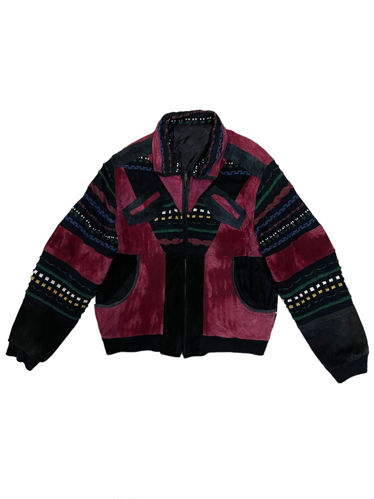 Designer Vintage Japanese Multicolour Knitted Chore Style Jacket in Red, Men's (Size Large)