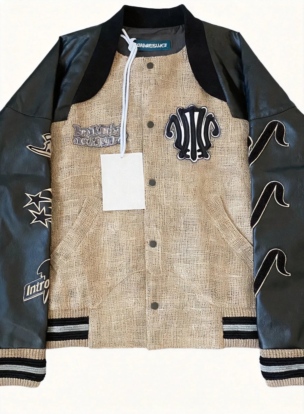 Namesake Woven Leather-Sleeve Patch Jacket in Beige, Men's