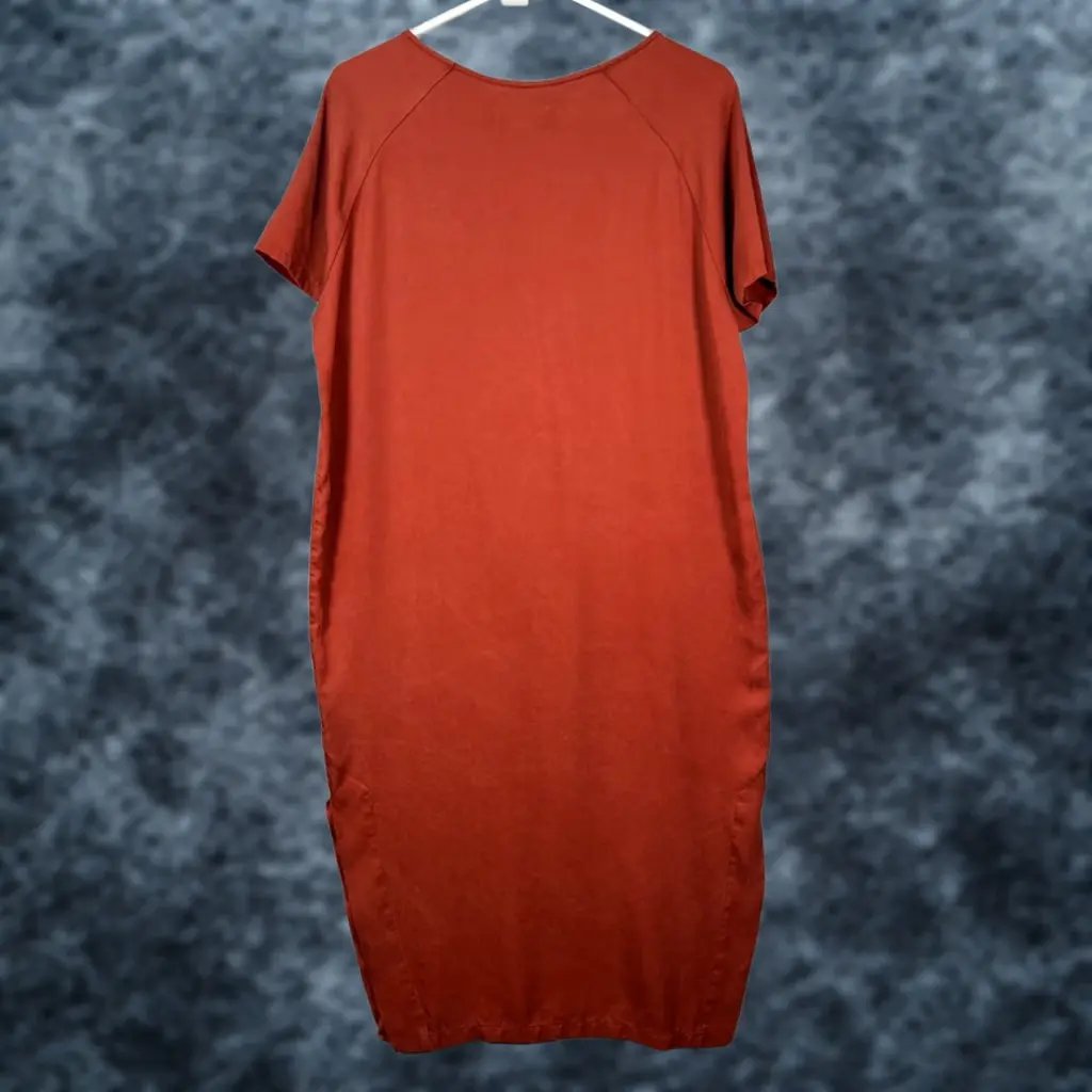 Priory Women's S/M Rust Red Tencel Short Sleeve Midi Dress Handmade In Canada Dress, Women's (Size 28)