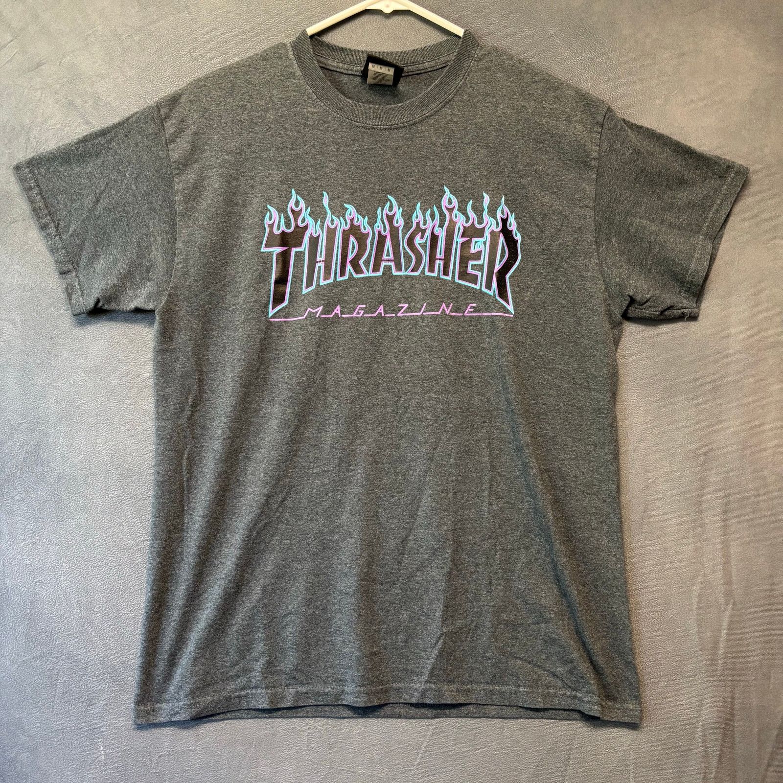 Thrasher Magazine Shirt Flames San Francisco Skater Grunge in Grey, Men's (Size Medium)