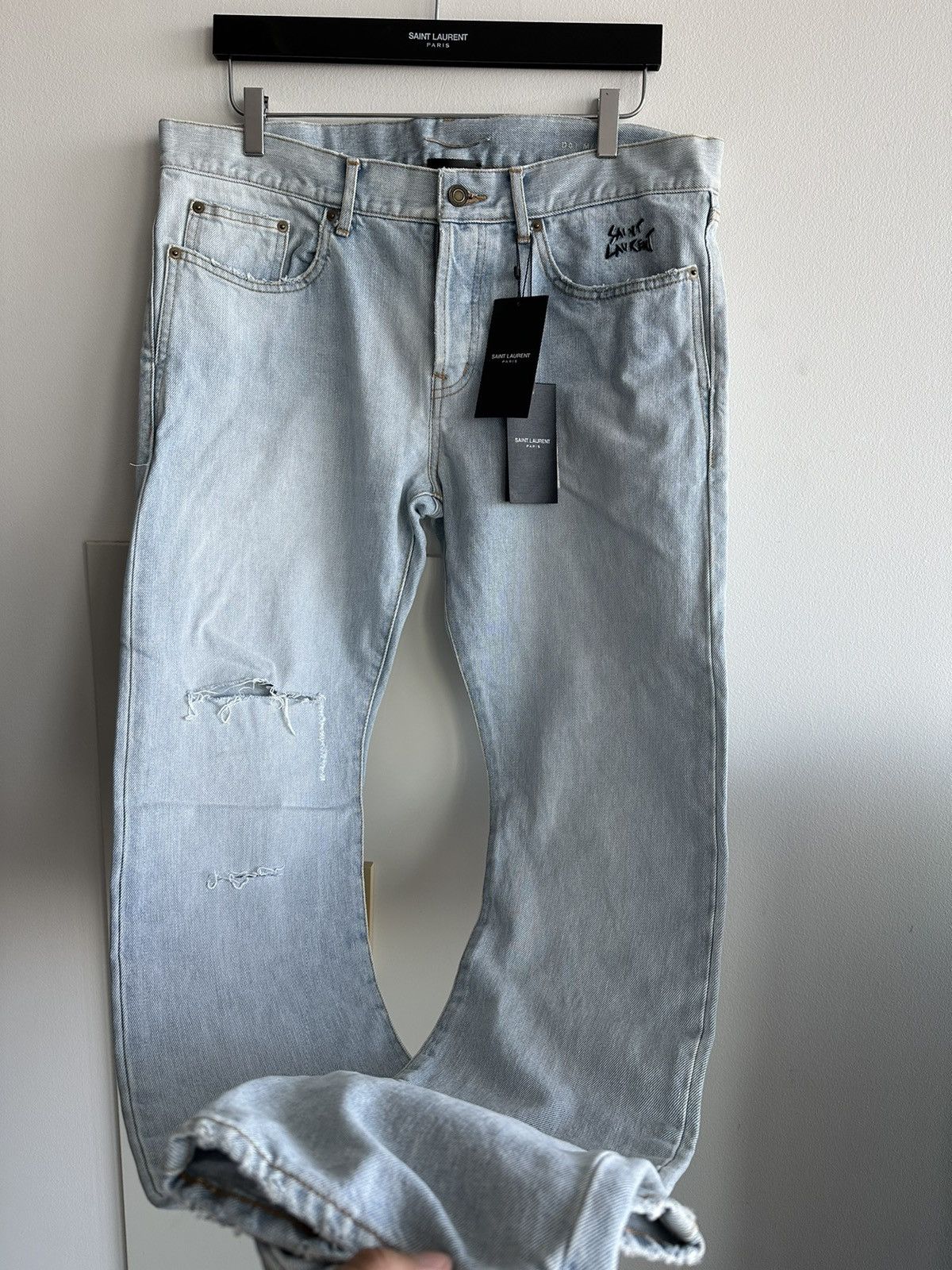 Hedi Slimane x Saint Laurent Paris Slp Super Trashed Ripped Skinny Denim Jeans in Blue (Size 33)