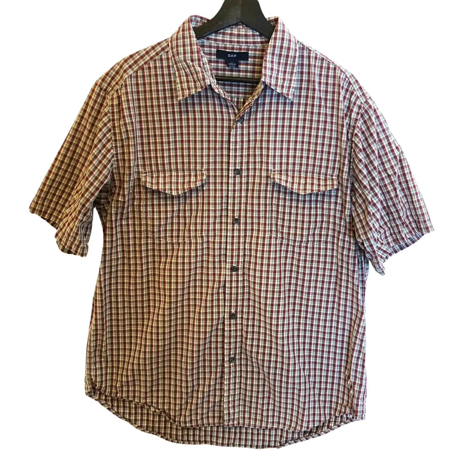 Gap Check Button Down Shirt Short Sleeve Red White Blue Lrg, Men's (Size Large)